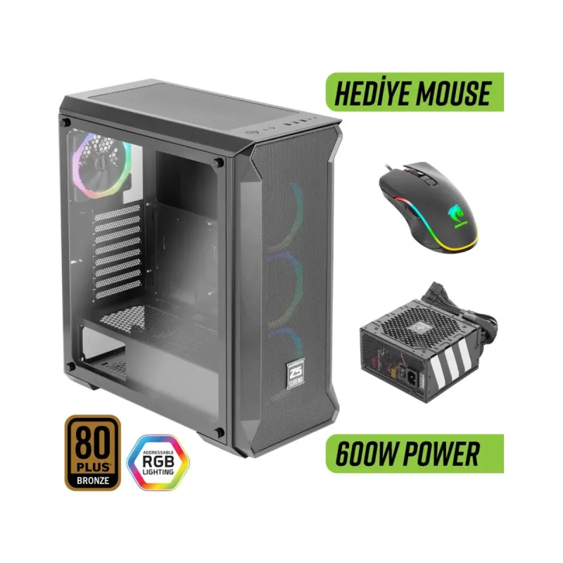 Green Z5 Surena E-ATX Siyah Temperli Cam 4 ARGB Fanlı 600W PSU Bilgisayar Kasası