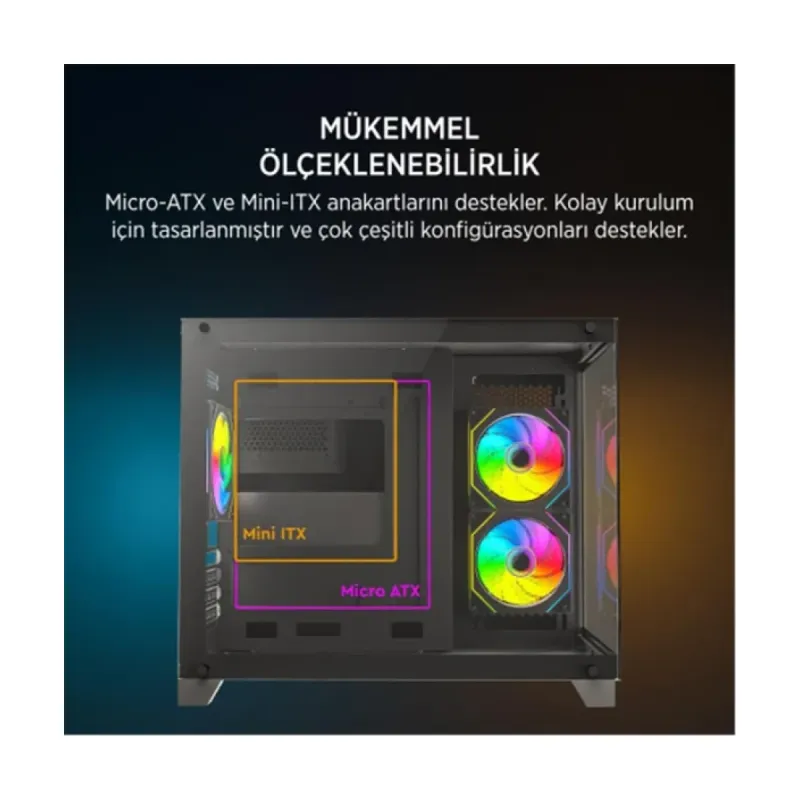 James Donkey Stark S700 Micro ATX Siyah 3 ARGB Fanlı 650W PSU 280x428x375 mm Bilgisayar Kasası