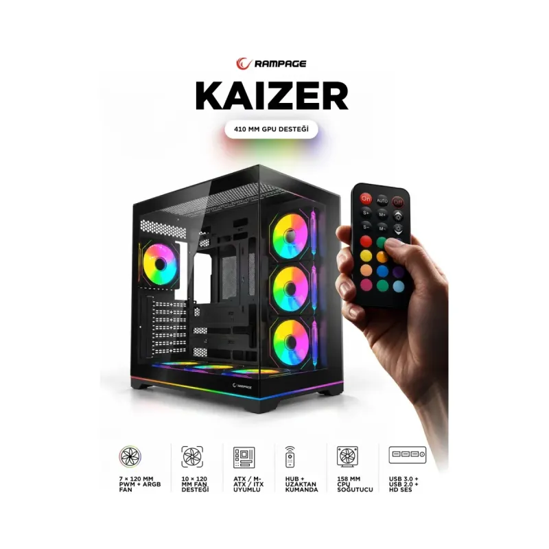 Rampage Kaizer ATX Siyah Temperli Cam 7 ARGB Fanlı Bilgisayar Kasası