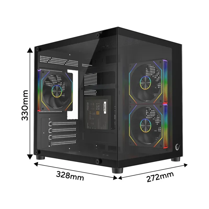 Rampage Lumid Micro ATX Siyah Temperli Cam 3 ARGB Fanlı 750W PSU Bilgisayar Kasası